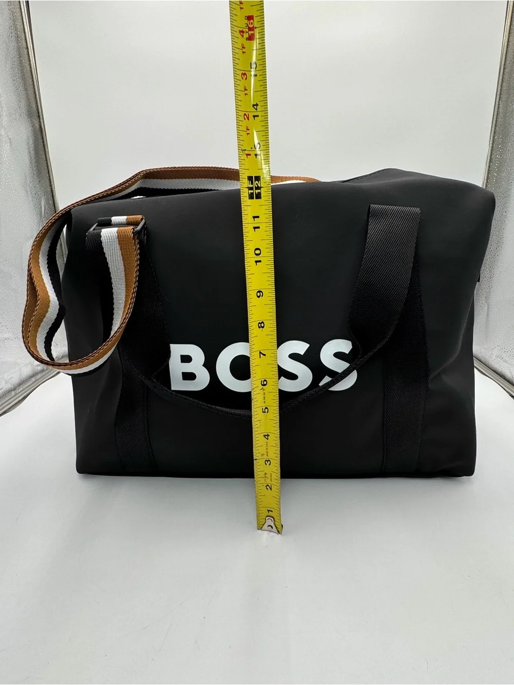 Hugo BOSS Parfums Black Weekender Duffel Travel Gym Bag Striped Handles Zip Tote